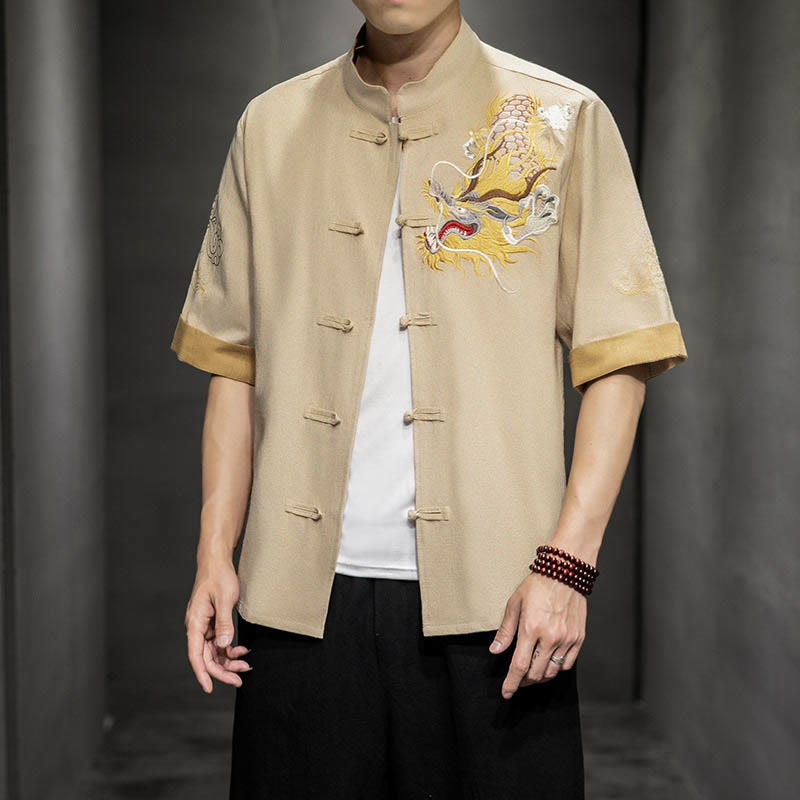 Camisa de media manga con bordado de nubes para hombre, ropa de lino y algodón, con botones de Buddha Stones , dragón chino - image 27