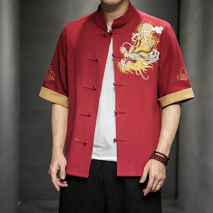 Camisa de media manga con bordado de nubes para hombre, ropa de lino y algodón, con botones de Buddha Stones , dragón chino - image 17