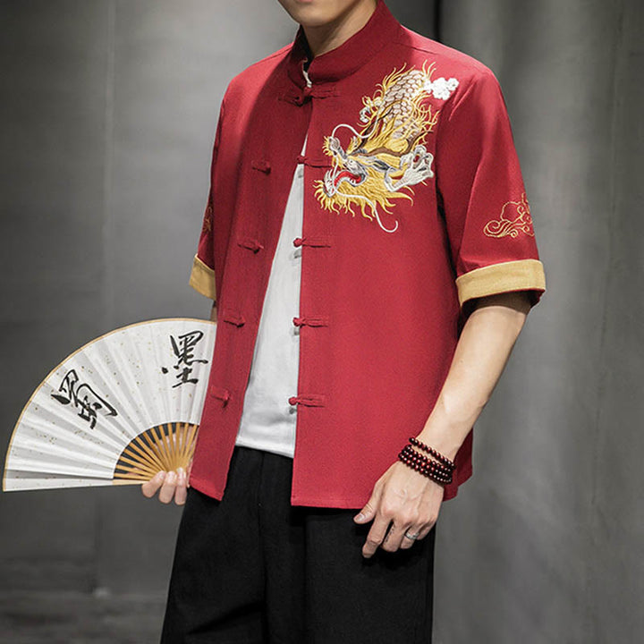 Camisa de media manga con bordado de nubes para hombre, ropa de lino y algodón, con botones de Buddha Stones , dragón chino - Tomate - US/UK/AU44, UE 54 (5XL)  - image 12