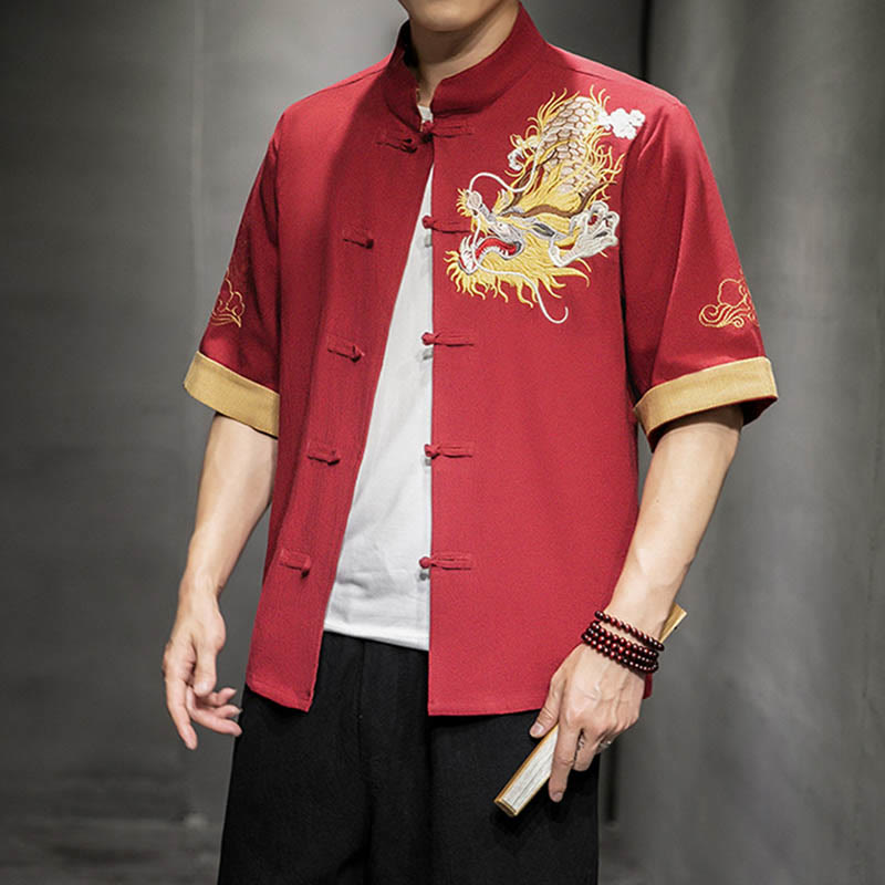 Camisa de media manga con bordado de nubes para hombre, ropa de lino y algodón, con botones de Buddha Stones , dragón chino - image 18