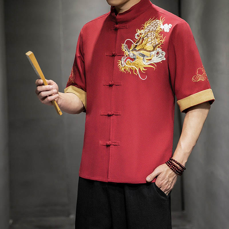 Camisa de media manga con bordado de nubes para hombre, ropa de lino y algodón, con botones de Buddha Stones , dragón chino - image 16