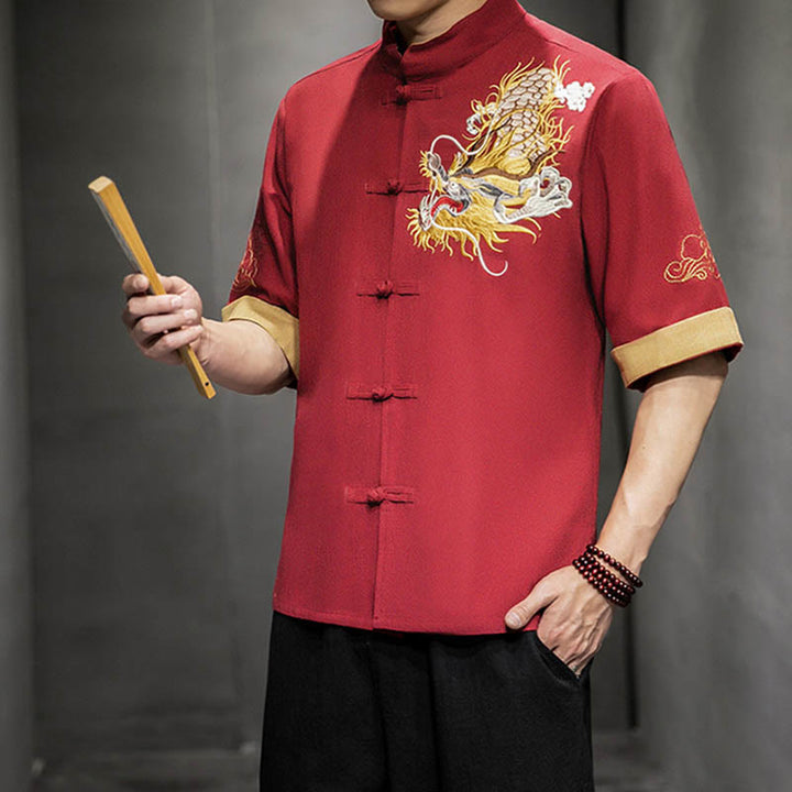 Camisa de media manga con bordado de nubes para hombre, ropa de lino y algodón, con botones de Buddha Stones , dragón chino - image 16