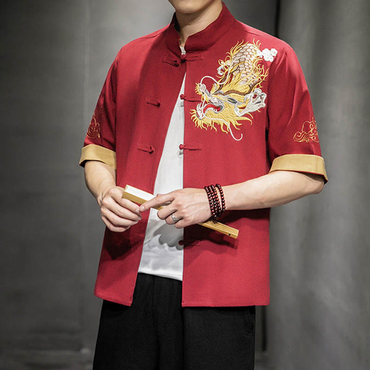 Camisa de media manga con bordado de nubes para hombre, ropa de lino y algodón, con botones de Buddha Stones , dragón chino - image 19