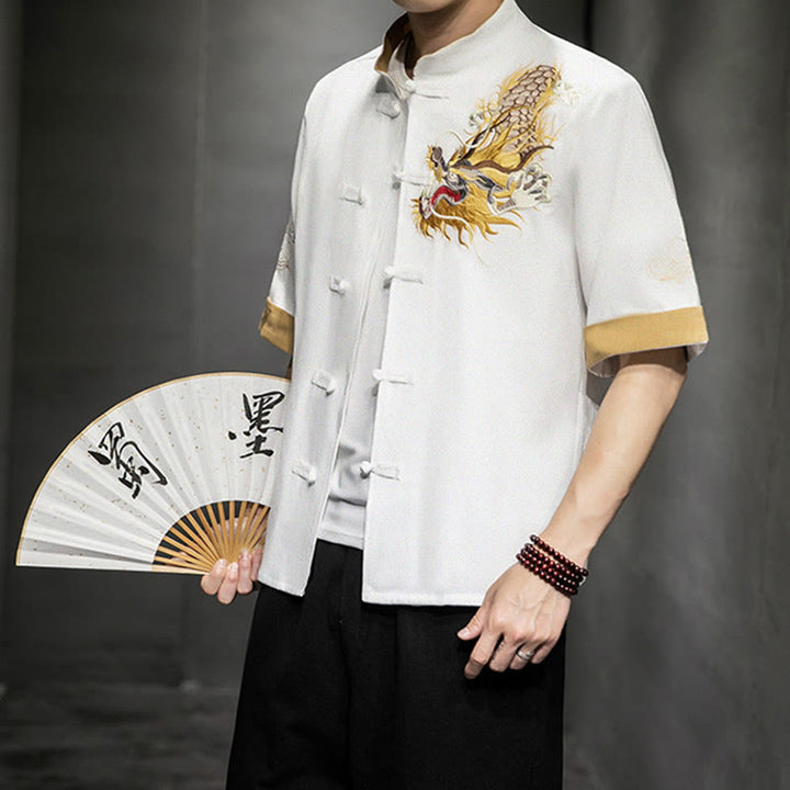 Camisa de media manga con bordado de nubes para hombre, ropa de lino y algodón, con botones de Buddha Stones , dragón chino - Blanco - US/UK/AU44, UE 54 (5XL)  - image 20