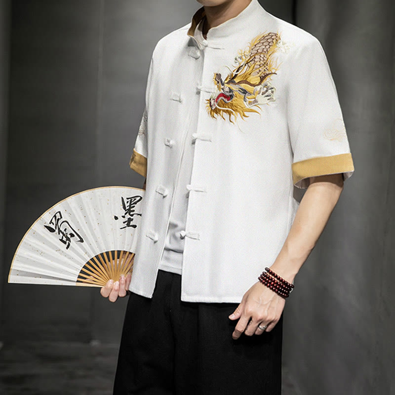 Camisa de media manga con bordado de nubes para hombre, ropa de lino y algodón, con botones de Buddha Stones , dragón chino - Blanco - US/UK/AU44, UE54 (5XL)  - image 20