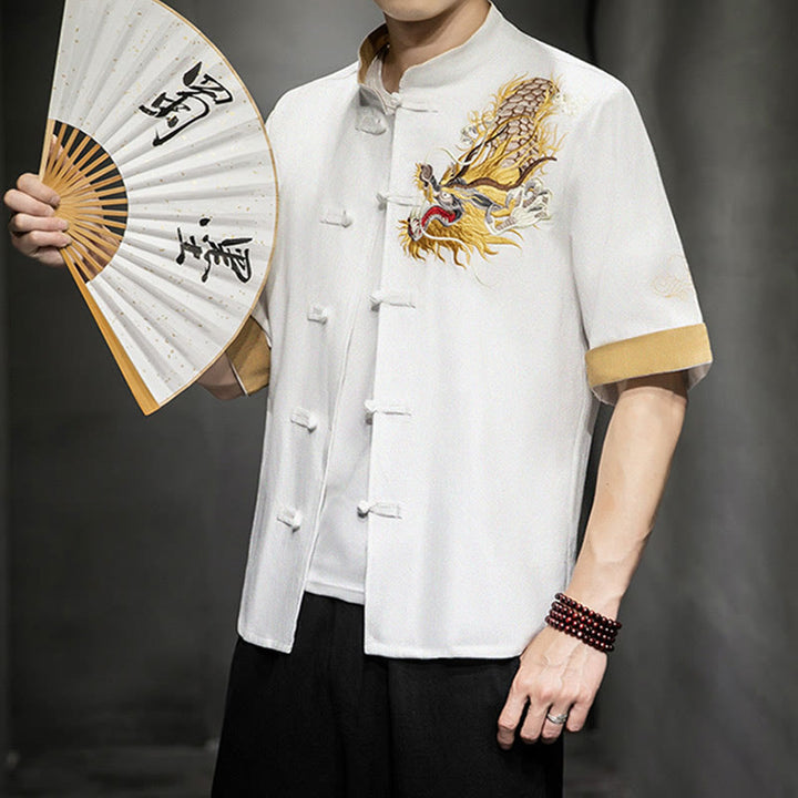 Camisa de media manga con bordado de nubes para hombre, ropa de lino y algodón, con botones de Buddha Stones , dragón chino - image 21