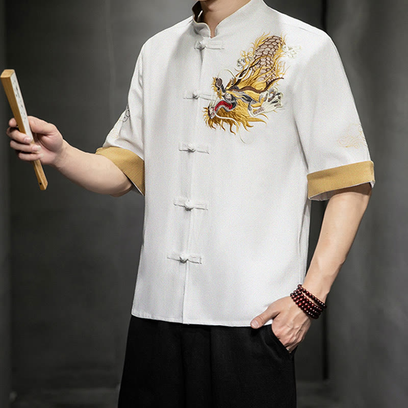 Camisa de media manga con bordado de nubes para hombre, ropa de lino y algodón, con botones de Buddha Stones , dragón chino - image 24
