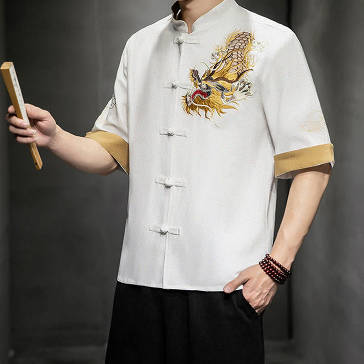 Camisa de media manga con bordado de nubes para hombre, ropa de lino y algodón, con botones de Buddha Stones , dragón chino - image 24