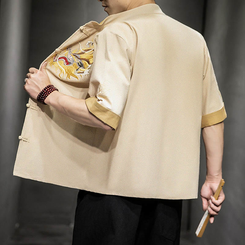 Camisa de media manga con bordado de nubes para hombre, ropa de lino y algodón, con botones de Buddha Stones , dragón chino - image 28