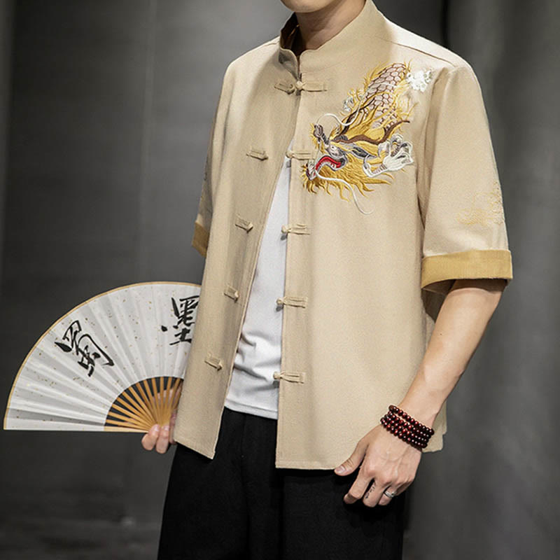 Camisa de media manga con bordado de nubes para hombre, ropa de lino y algodón, con botones de Buddha Stones , dragón chino - Lino - US/UK/AU44, UE54 (5XL)  - image 26