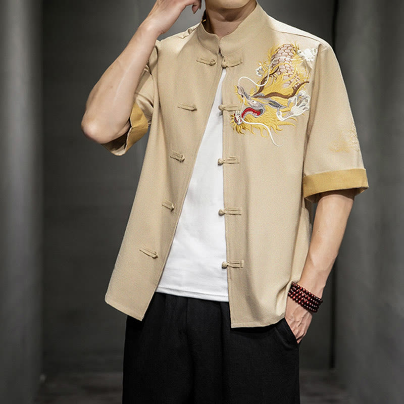 Camisa de media manga con bordado de nubes para hombre, ropa de lino y algodón, con botones de Buddha Stones , dragón chino - image 31