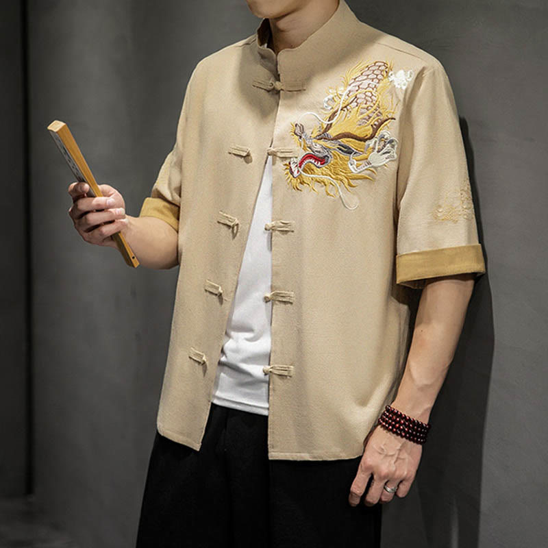 Camisa de media manga con bordado de nubes para hombre, ropa de lino y algodón, con botones de Buddha Stones , dragón chino - image 32