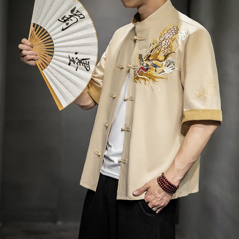 Camisa de media manga con bordado de nubes para hombre, ropa de lino y algodón, con botones de Buddha Stones , dragón chino - image 29