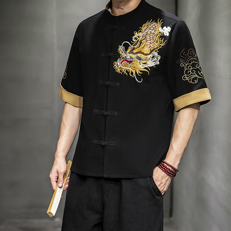 Camisa de media manga con bordado de nubes para hombre, ropa de lino y algodón, con botones de Buddha Stones , dragón chino - image 6
