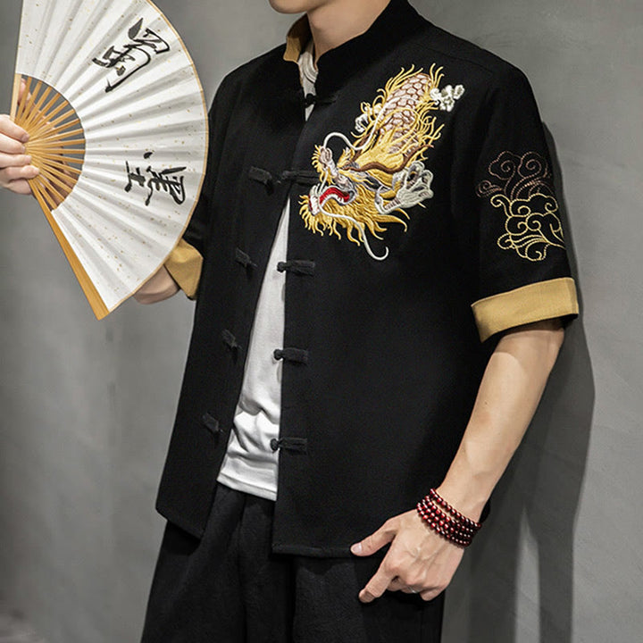 Camisa de media manga con bordado de nubes para hombre, ropa de lino y algodón, con botones de Buddha Stones , dragón chino - image 1