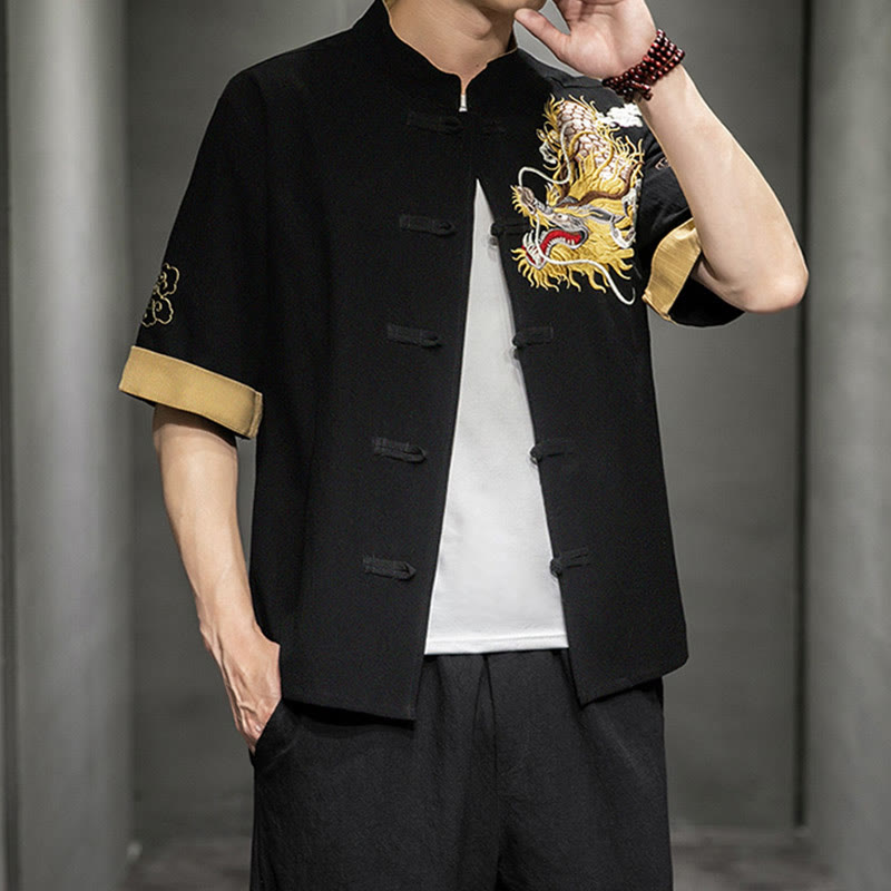 Camisa de media manga con bordado de nubes para hombre, ropa de lino y algodón, con botones de Buddha Stones , dragón chino - image 3