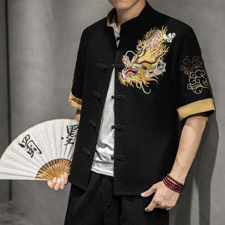 Camisa de media manga con bordado de nubes para hombre, ropa de lino y algodón, con botones de Buddha Stones , dragón chino - Negro - US/UK/AU44, EU54 (5XL)  - image 0