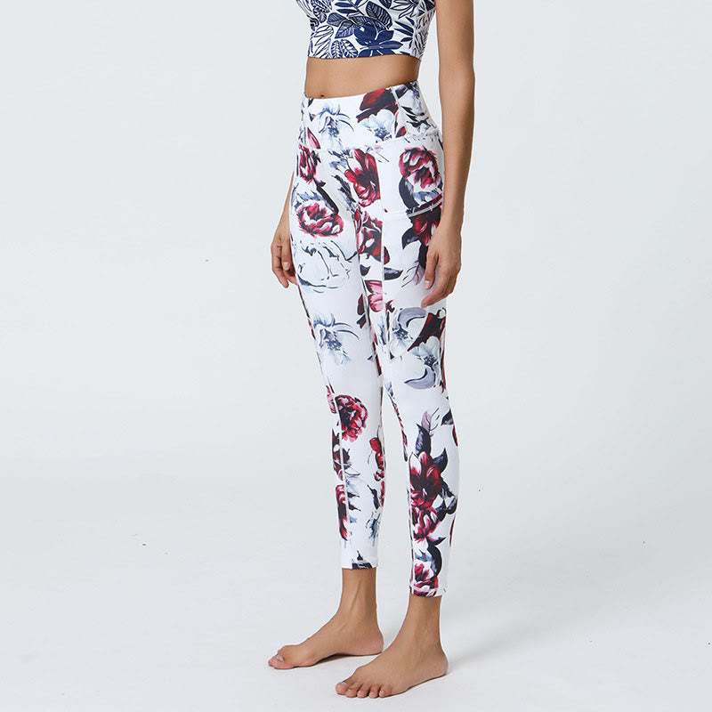Buddha Stones Rose Lines Tiger Leopard Print Deportes Fitness Leggings de cintura alta Pantalones de yoga para mujer con bolsillos
