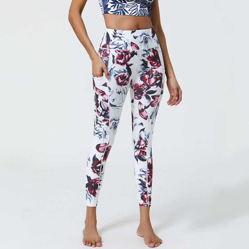 Buddha Stones Rose Lines Tiger Leopard Print Deportes Fitness Leggings de cintura alta Pantalones de yoga para mujer con bolsillos - Rosa Roja Blanca - US12，UK/AU16，EU44 (XL) - image 0