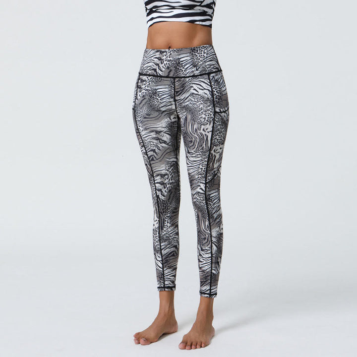 Buddha Stones Rose Lines Tiger Leopard Print Deportes Fitness Leggings de cintura alta Pantalones de yoga para mujer con bolsillos
