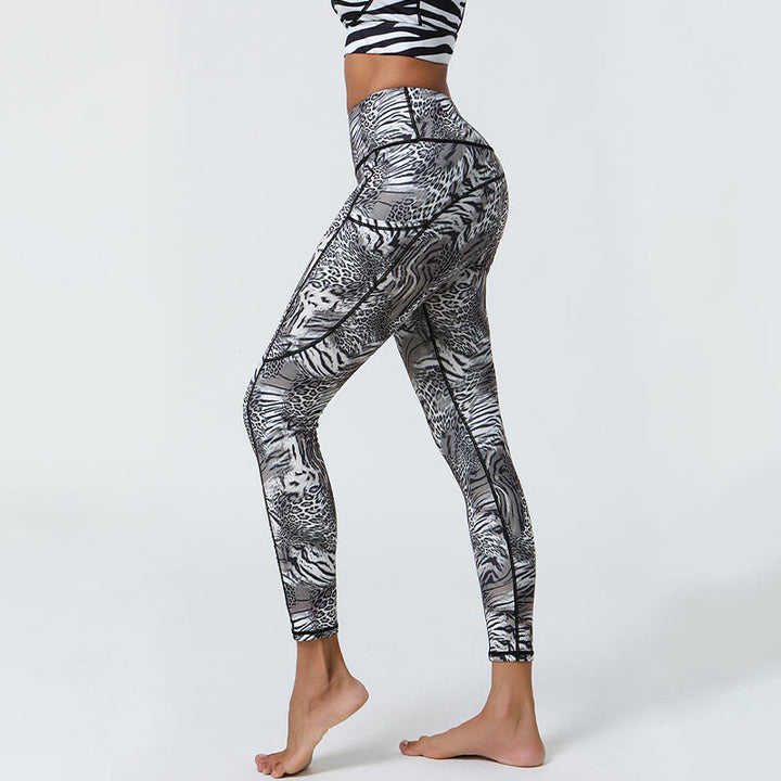 Buddha Stones Rose Lines Tiger Leopard Print Deportes Fitness Leggings de cintura alta Pantalones de yoga para mujer con bolsillos
