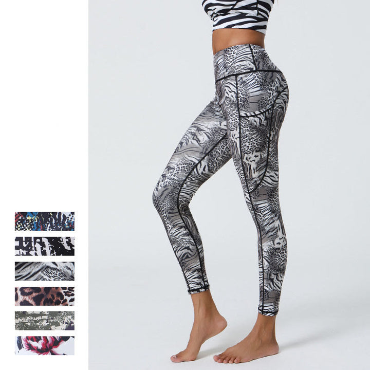 Buddha Stones Rose Lines Tiger Leopard Print Deportes Fitness Leggings de cintura alta Pantalones de yoga para mujer con bolsillos