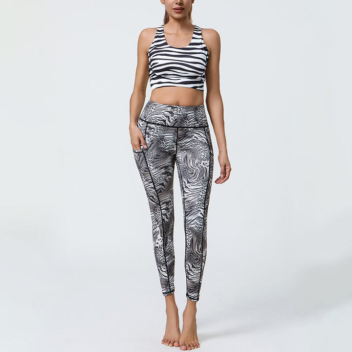 Buddha Stones Rose Lines Tiger Leopard Print Deportes Fitness Leggings de cintura alta Pantalones de yoga para mujer con bolsillos