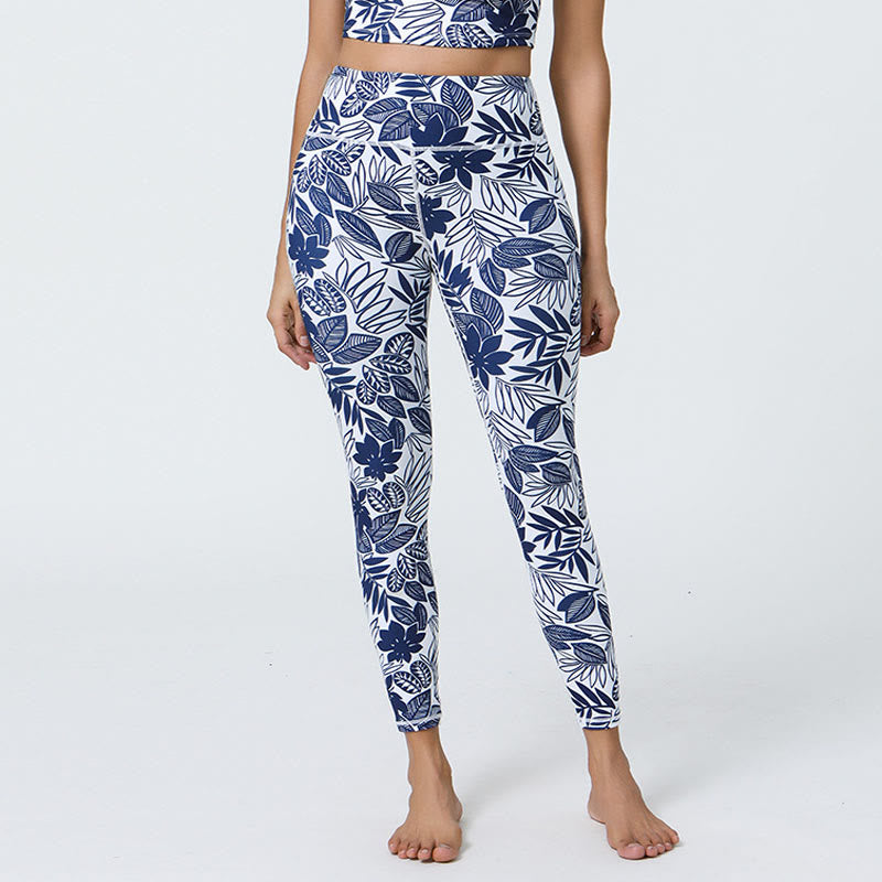 Pantalones de yoga para mujer con estampado de Buddha Stones, flores, hojas, dientes de león, piñas, deportivos, Fitness, cintura alta - Hojas blancas y azules - US12，UK/AU16，EU44 (XL) - image 23
