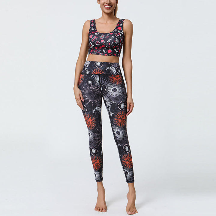 Buddha Stones flores plumas sol luna impresión deportes fitness yoga cintura alta polainas pantalones de mujer - image 9