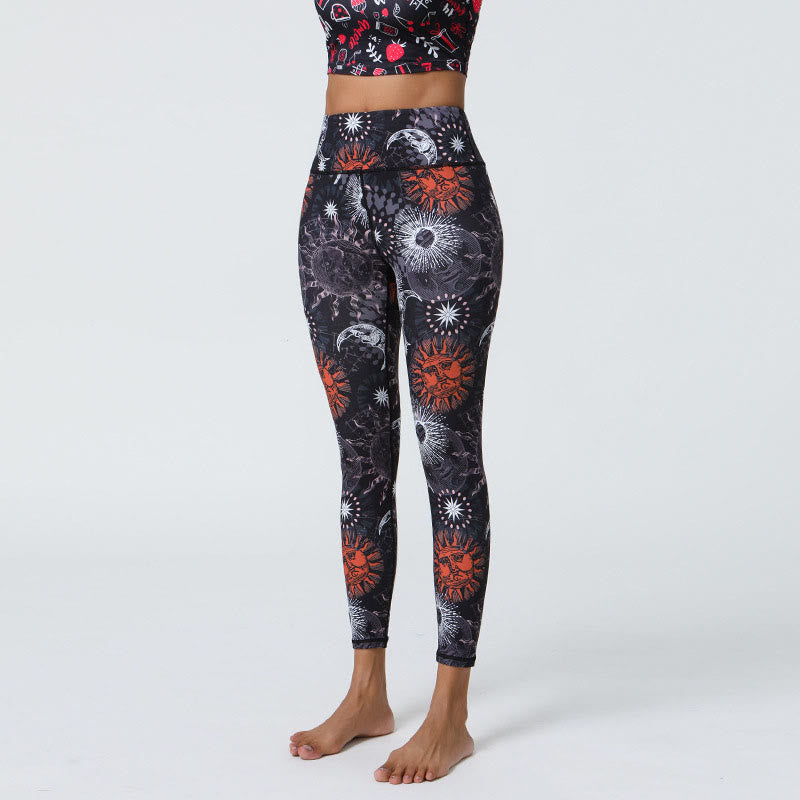 Buddha Stones flores plumas sol luna impresión deportes fitness yoga cintura alta polainas pantalones de mujer - Sol Rojo Negro Luna Blanca - US12，UK/AU16，EU44 (XL) - image 5