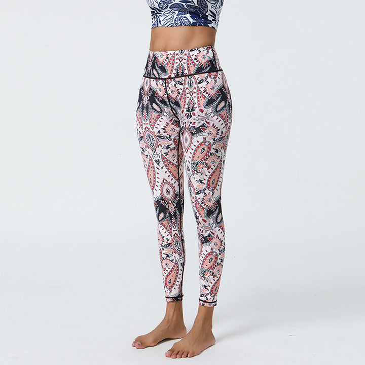 Buddha Stones flores plumas sol luna impresión deportes fitness yoga cintura alta polainas pantalones de mujer - Patrón blanco rosa claro - US12，UK/AU16，EU44 (XL) - image 22