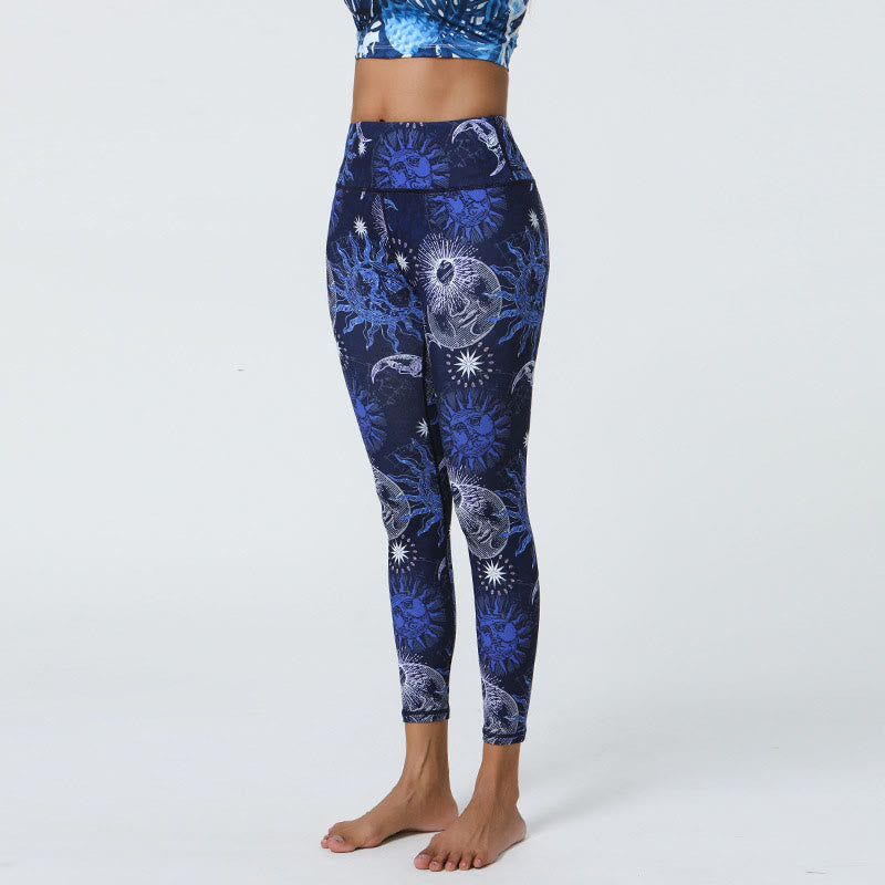 Buddha Stones flores plumas sol luna impresión deportes fitness yoga cintura alta polainas pantalones de mujer - Sol azul oscuro Luna blanca - US12，UK/AU16，EU44 (XL) - image 10