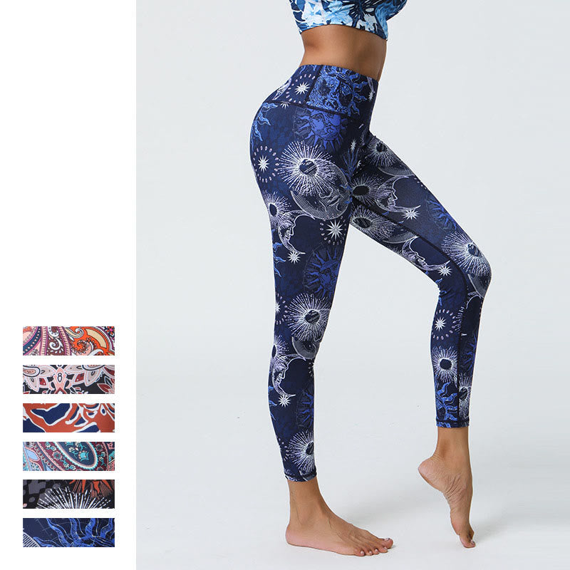 Buddha Stones flores plumas sol luna impresión deportes fitness yoga cintura alta polainas pantalones de mujer - image 14
