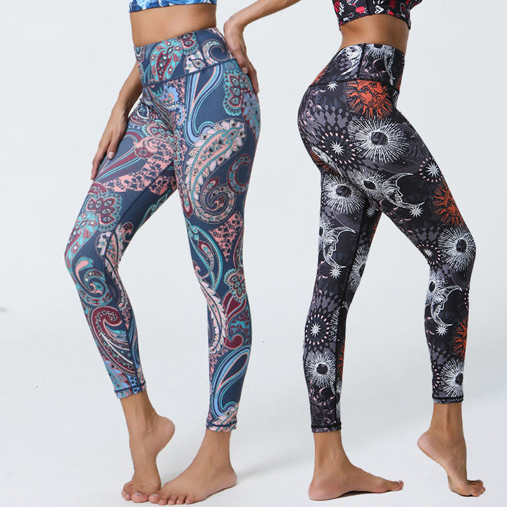 Buddha Stones flores plumas sol luna impresión deportes fitness yoga cintura alta polainas pantalones de mujer - image 0