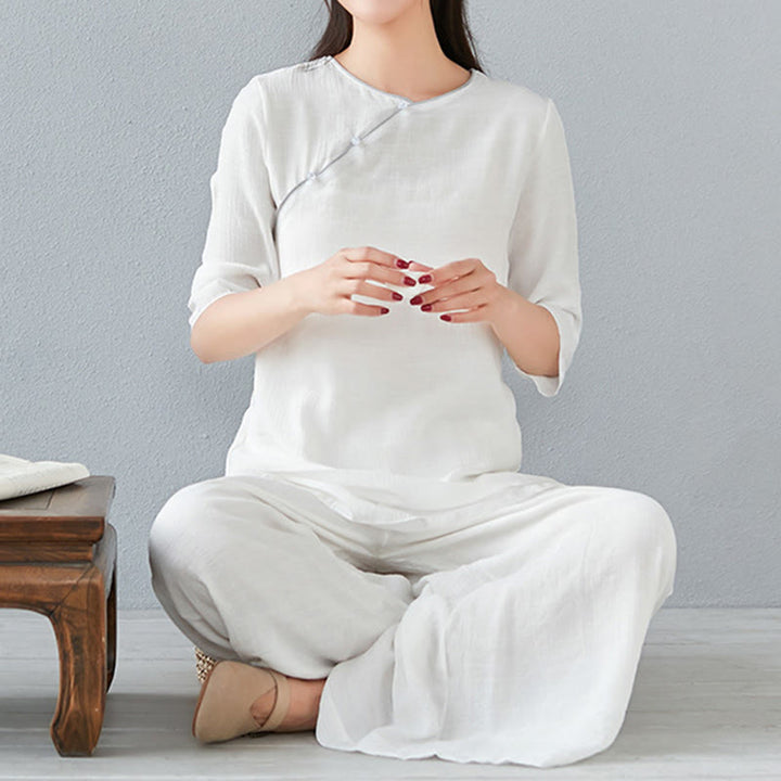 Conjunto de ropa de lino y algodón para mujer, camisa de manga larga de tres cuartos, pantalones de pierna ancha, 2 uds., Buddha Stones - Blanco - Manga tres cuartos - US8-10, UK/AU12-14, UE40-42 (3XL) - image 8