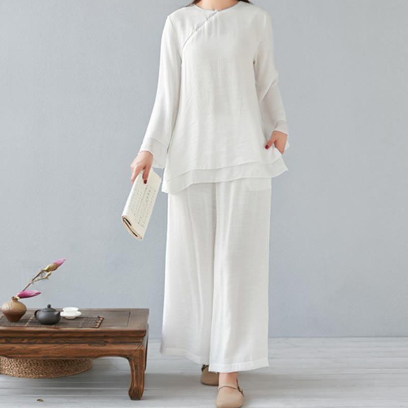 Conjunto de ropa de lino y algodón para mujer, camisa de manga larga de tres cuartos, pantalones de pierna ancha, 2 uds., Buddha Stones - Blanco - Manga larga - US8-10, UK/AU12-14, EU40-42 (3XL) - image 0