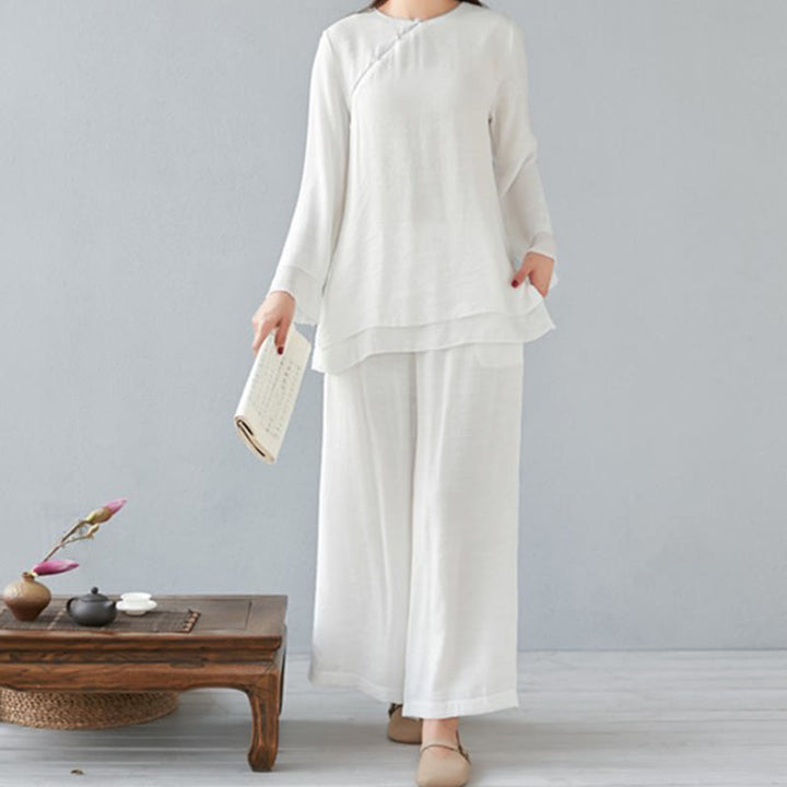 Conjunto de ropa de lino y algodón para mujer, camisa de manga larga de tres cuartos, pantalones de pierna ancha, 2 uds., Buddha Stones - Blanco - Manga larga - US8-10, UK/AU12-14, EU40-42 (3XL) - image 0
