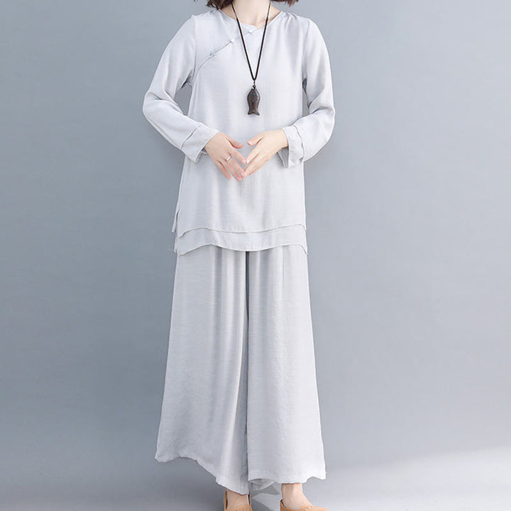 Conjunto de ropa de lino y algodón para mujer, camisa de manga larga de tres cuartos, pantalones de pierna ancha, 2 uds., Buddha Stones - Gainsboro - Manga larga - US8-10, UK/AU12-14, EU40-42 (3XL) - image 25