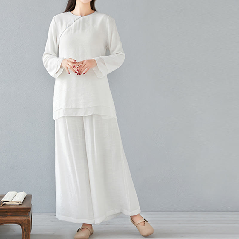 Conjunto de ropa de lino y algodón para mujer, camisa de manga larga de tres cuartos, pantalones de pierna ancha, 2 uds., Buddha Stones - image 1
