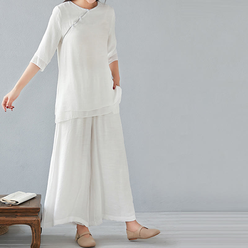 Conjunto de ropa de lino y algodón para mujer, camisa de manga larga de tres cuartos, pantalones de pierna ancha, 2 uds., Buddha Stones - image 8