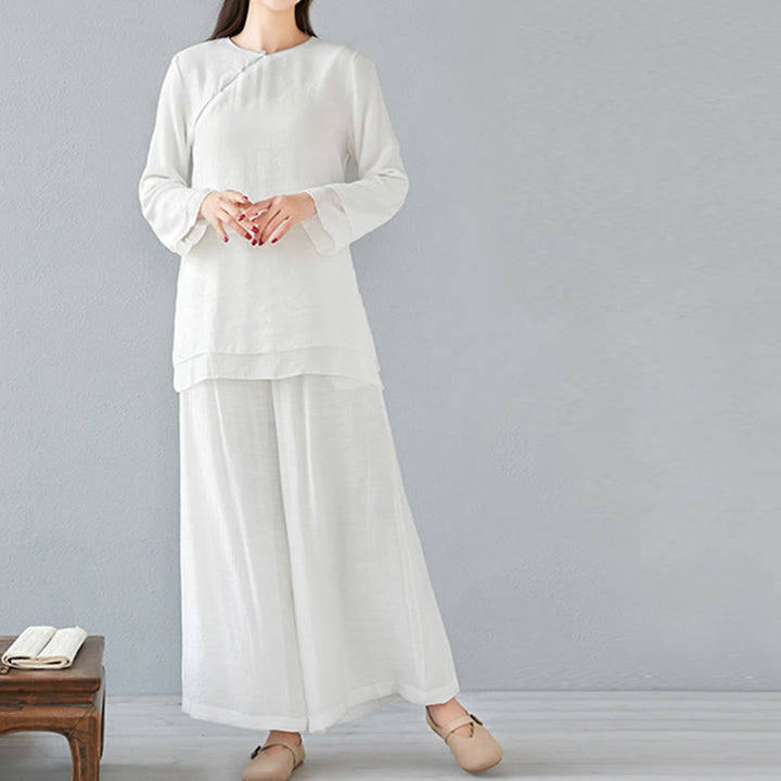 Conjunto de ropa de lino y algodón para mujer, camisa de manga larga de tres cuartos, pantalones de pierna ancha, 2 uds., Buddha Stones - image 1