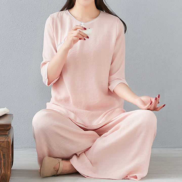 Conjunto de ropa de lino y algodón para mujer, camisa de manga larga de tres cuartos, pantalones de pierna ancha, 2 uds., Buddha Stones - image 19