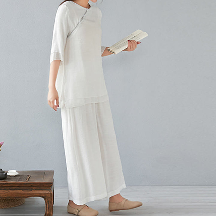 Conjunto de ropa de lino y algodón para mujer, camisa de manga larga de tres cuartos, pantalones de pierna ancha, 2 uds., Buddha Stones - image 9