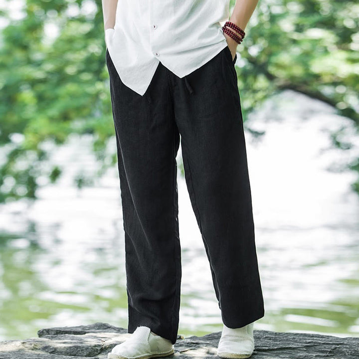 Pantalones anchos de lino y algodón de color liso con bolsillos para hombre Buddha Stones - Negro - US/UK/AU50, UE60 (5XL) - image 5
