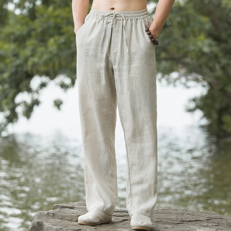 Pantalones anchos de lino y algodón de color liso con bolsillos para hombre Buddha Stones - Lino - US/UK/AU50, UE60 (5XL) - image 1