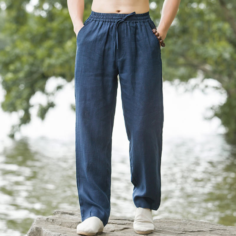 Pantalones anchos de lino y algodón de color liso con bolsillos para hombre Buddha Stones - Azul acero - US/UK/AU50, UE60 (5XL) - image 6