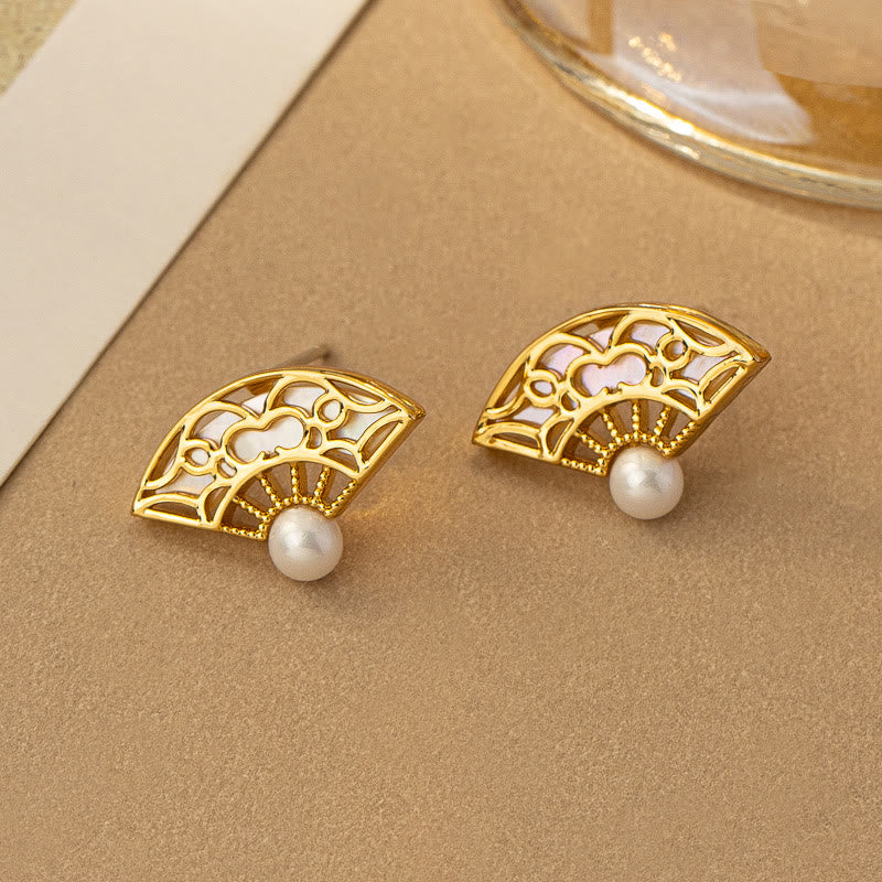Buddha Stones Pendientes de Gota de Sabiduría de Cobre con Perla y Patrón de Abanico en Plata de Ley 925