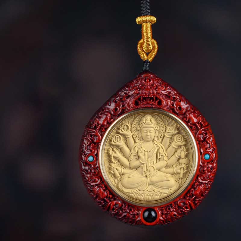 	Buddha Stones Chinese Zodiac Natal Buddha Small Leaf Red Sandalwood Ebony Longevity Necklace Pendant  - Avalokitesvara de las Mil Brazos - Sándalo rojo de hoja pequeña - image 10