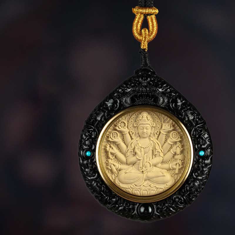 	Buddha Stones Chinese Zodiac Natal Buddha Small Leaf Red Sandalwood Ebony Longevity Necklace Pendant  - Avalokitesvara de las Mil Brazos - Ébano - image 2