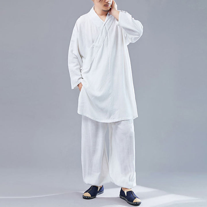 Juego de ropa de meditación Zen Tai Chi de algodón y lino, camisa de hombre de manga larga con cuello en V y pantalones, 2 piezas - image 1
